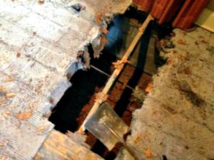 Rotten floorboards damaged by moisture.