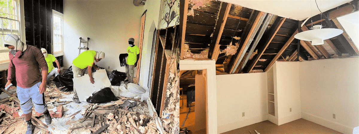 Workers removing sheetrock exposing mold and moisture as the first steps in solving the homeowners issue the right way.