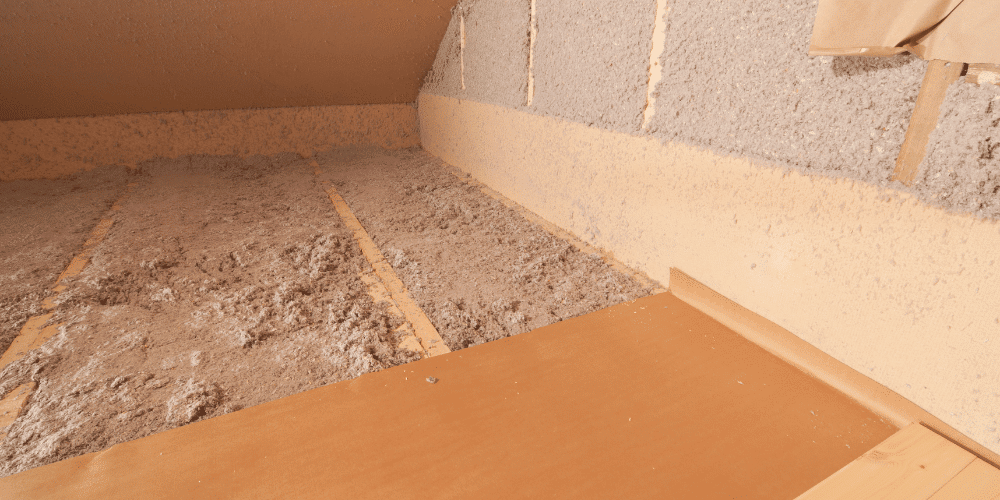 Blown-in cellulose insulation in an attic after being applied