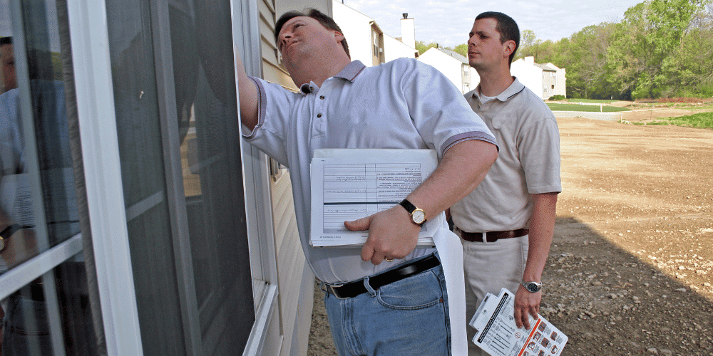 A home inspector completing a visual inspection of a home's windows