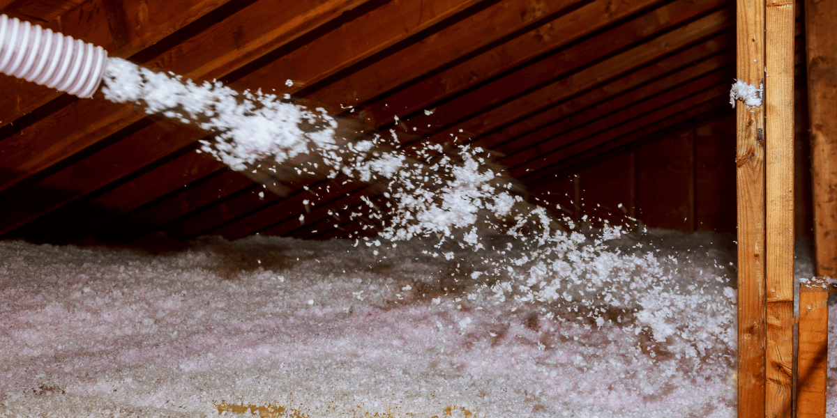 Insulation being applied to an attic
