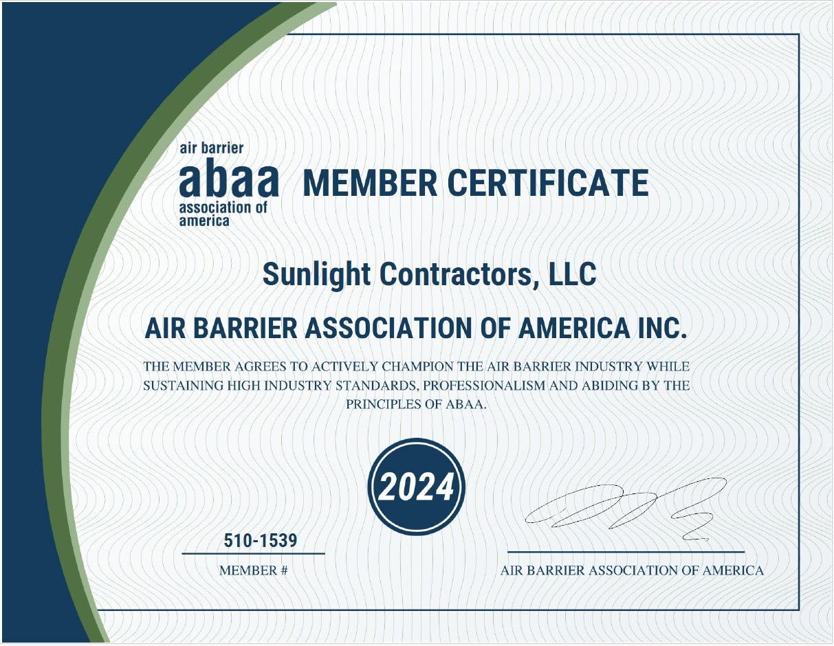Air Barrier Assiciation of America (abaa) member certificate - Sunlight Contractors