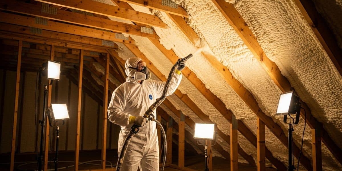 professional applying spray foam in the attic
