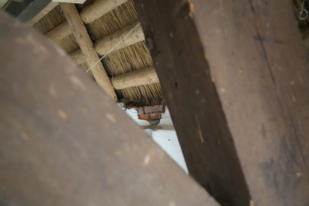 Detailed close-up of a water-stained and rotting wooden ceiling beam, showing the destructive effects of hidden moisture o...