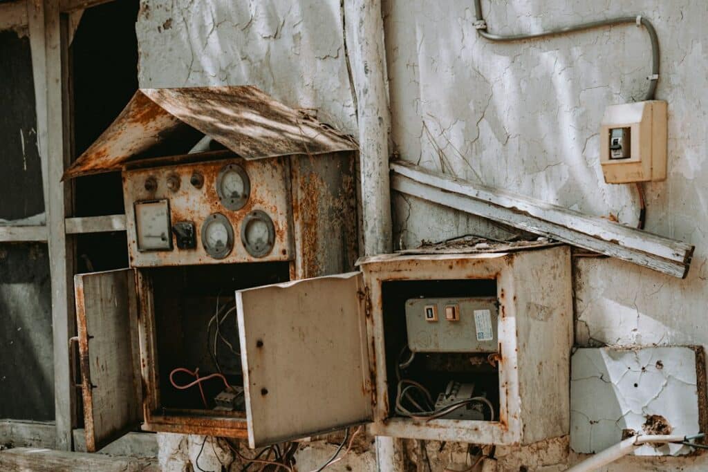 Close-up shot of old, frayed, and hazardous electrical wiring exposed within a wall cavity, highlighting the risk of an el...